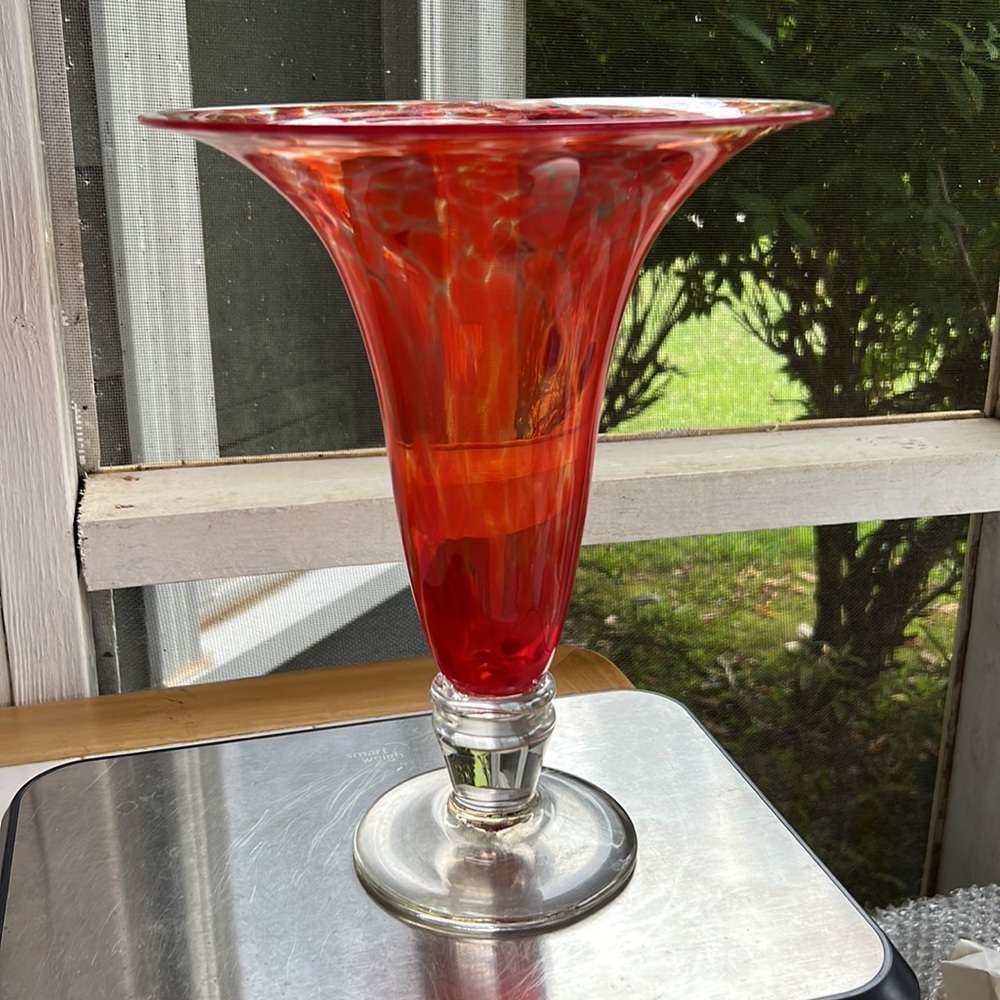 Vintage Cranberry & Clear Splattered Footed Art Glass Vase Signed - Picture 3 of 6
